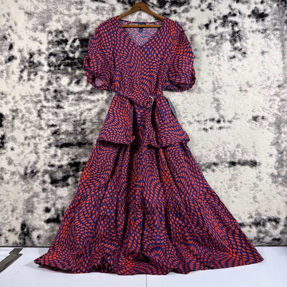 SCOOP Girls L 12-14 Red Blue‎ Geometric Print Ruffled Tiered Midi Dress Belted